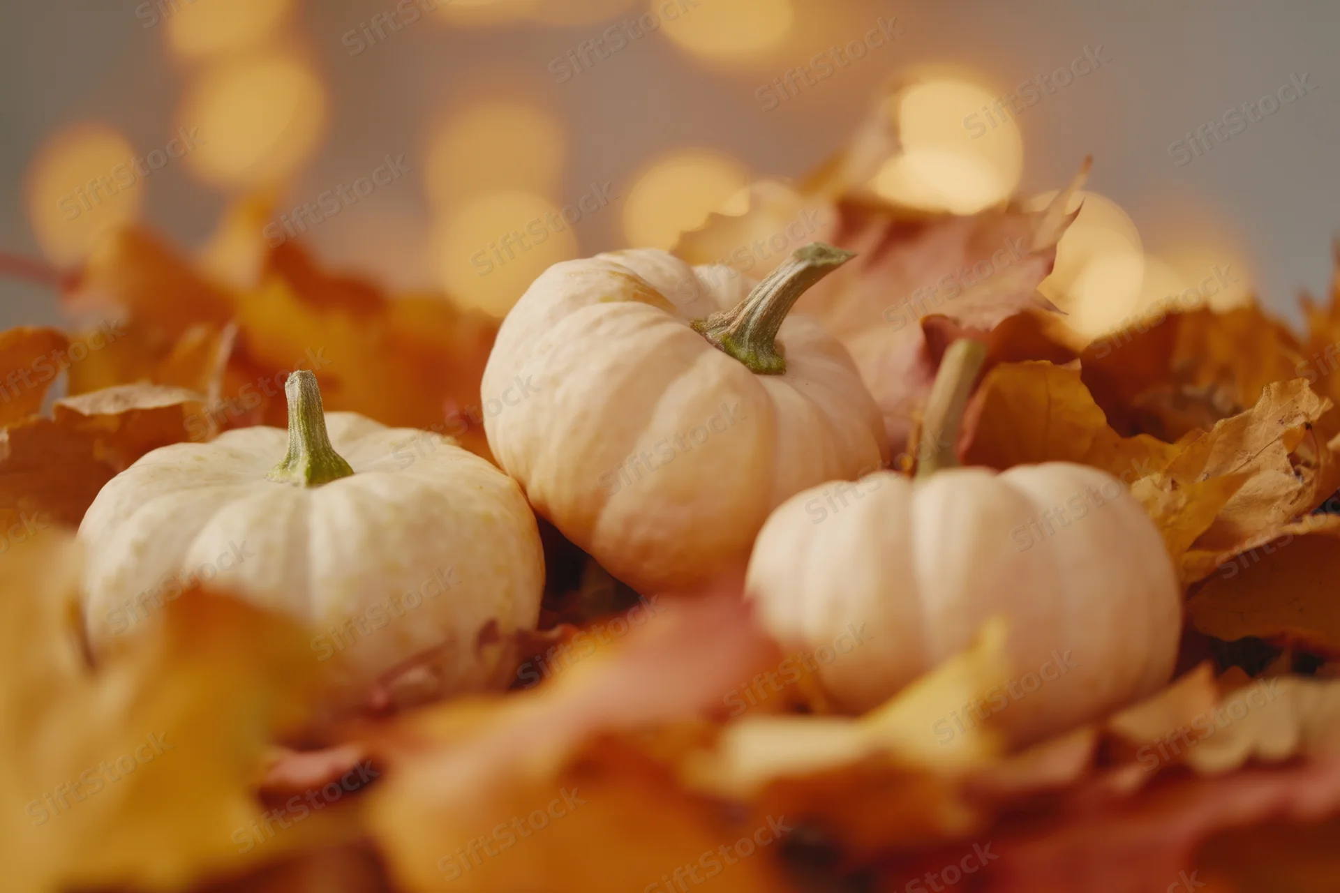 Three pale pumpkins nestled among autumn leaves with warm bokeh lighting in background