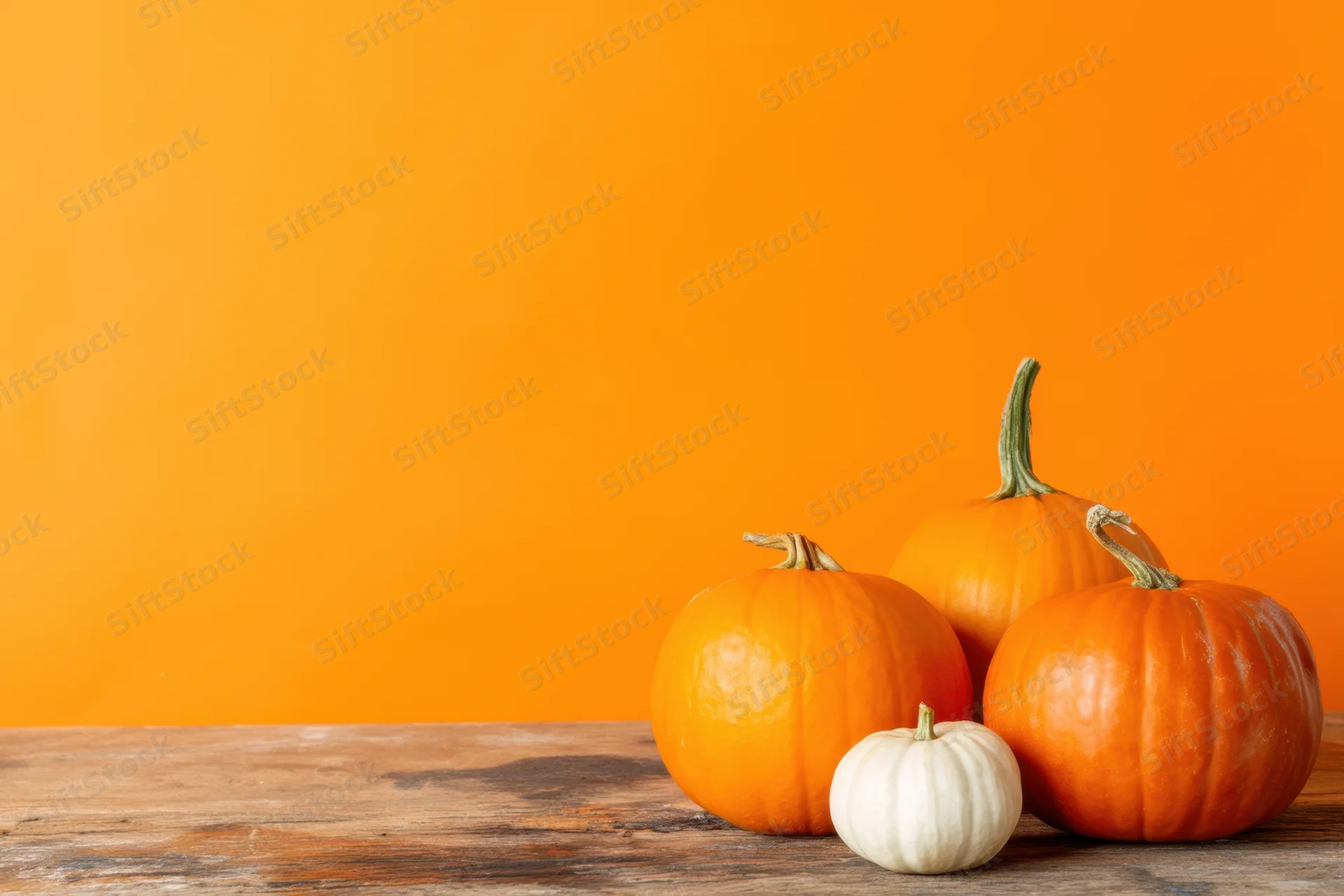 Three pumpkins of varying sizes and one small white gourd arranged on a wooden table against an orange background