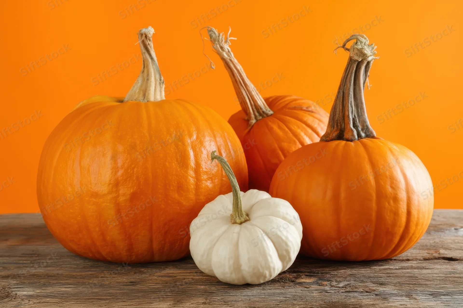 Three orange pumpkins and one small white pumpkin arranged on a wooden table against an orange background