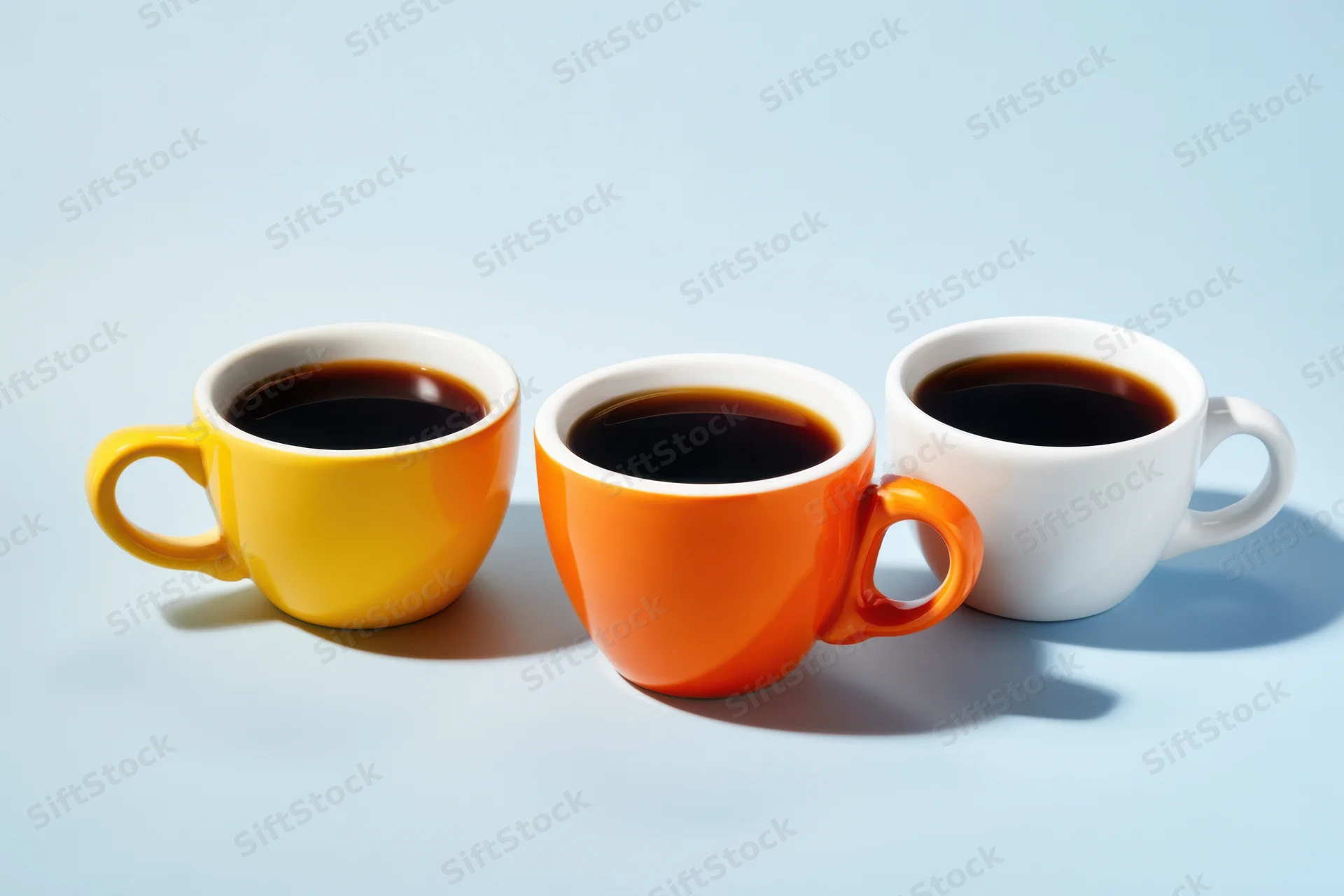 Three colorful coffee cups filled with black coffee arranged side by side on a light blue surface