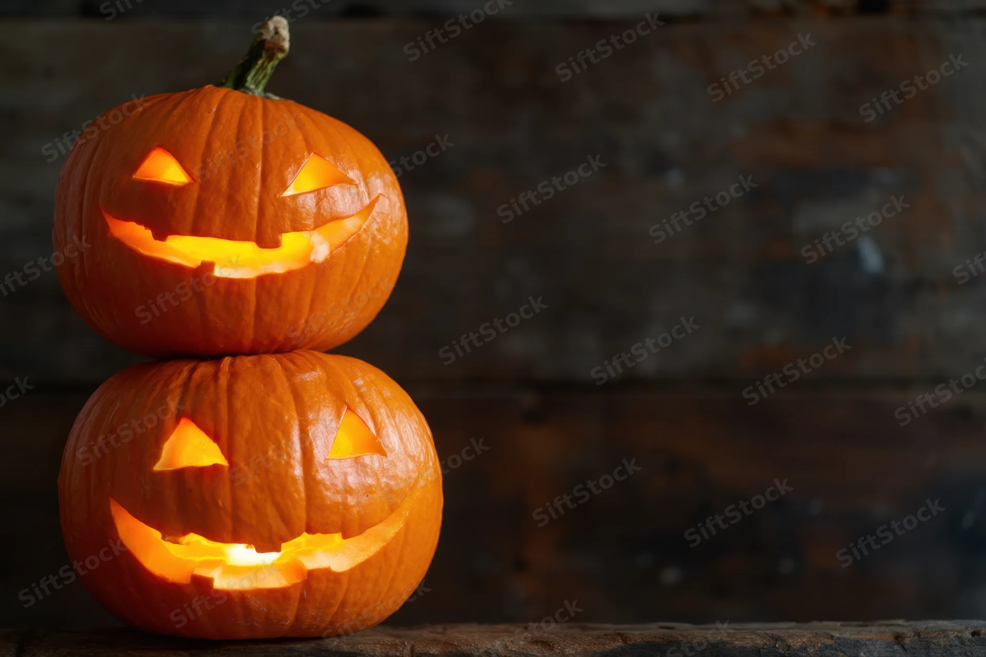Two carved pumpkins stacked vertically with glowing faces on a dark wooden surface