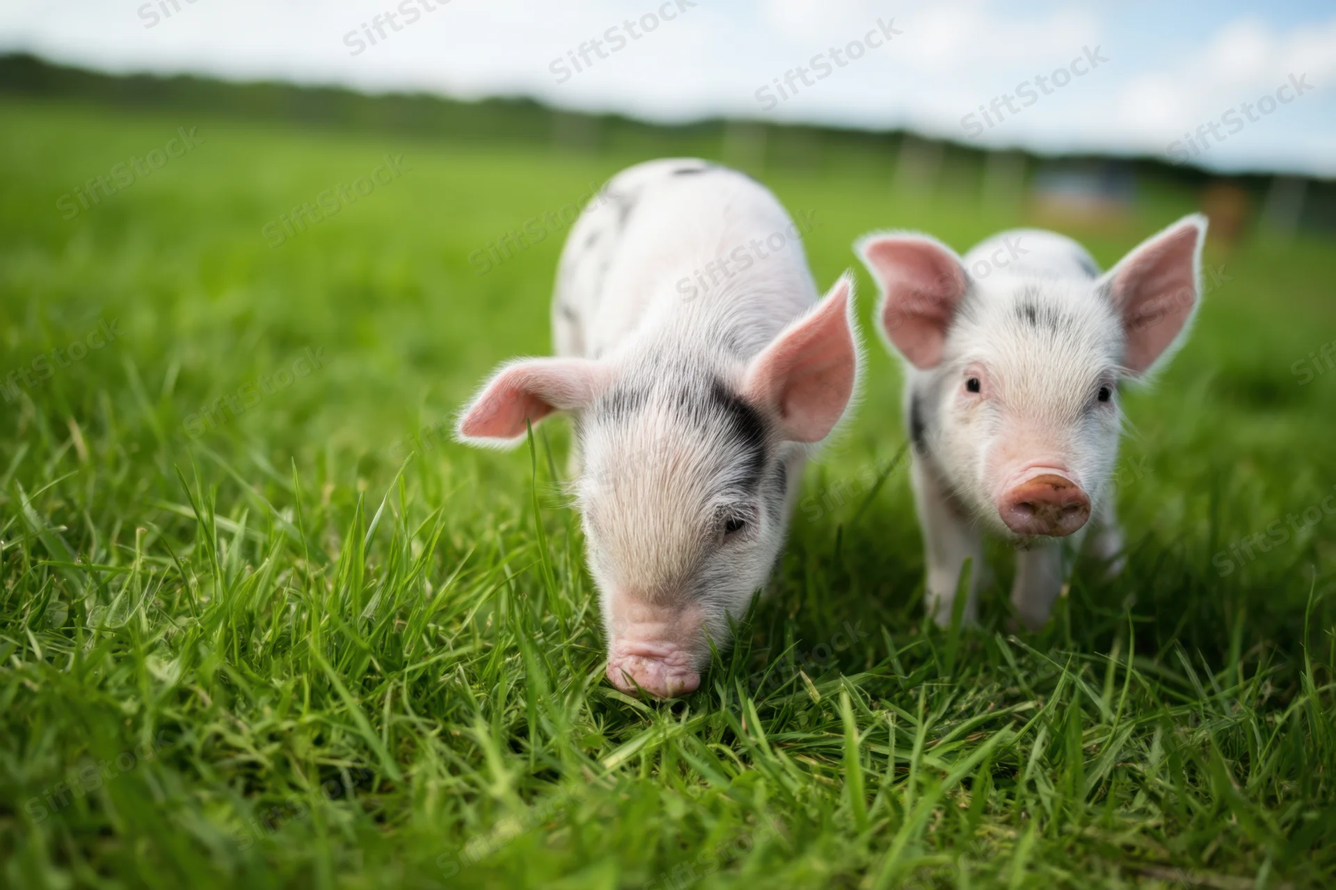 Two piglets grazing in a green field