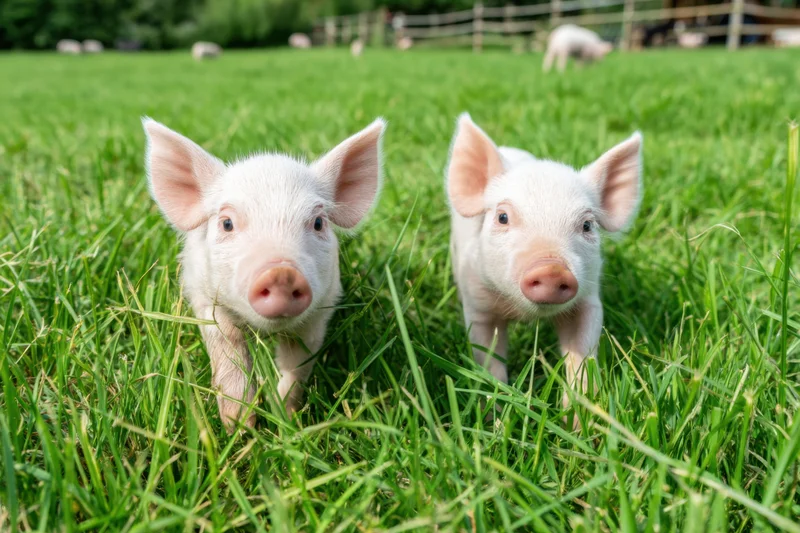 Two piglets standing in a green field exploring the grass
