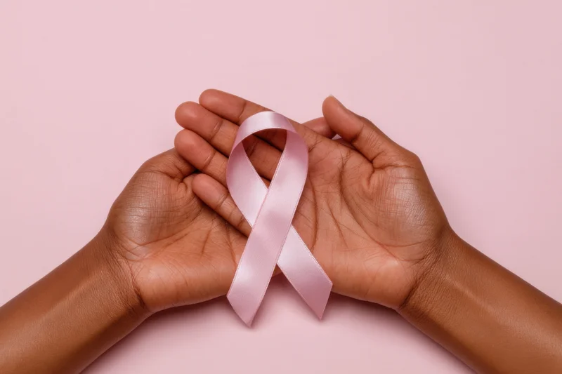 Two hands holding a pink awareness ribbon against a pink background