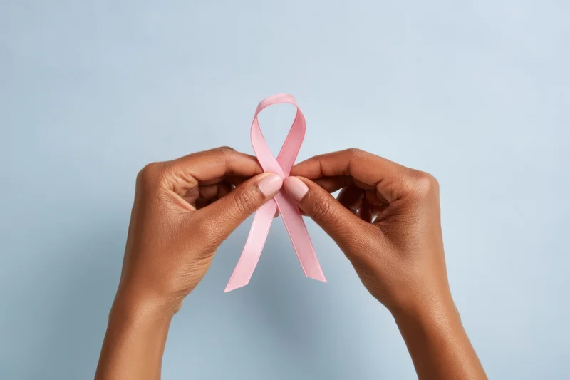Hands holding a pink ribbon against a soft blue background