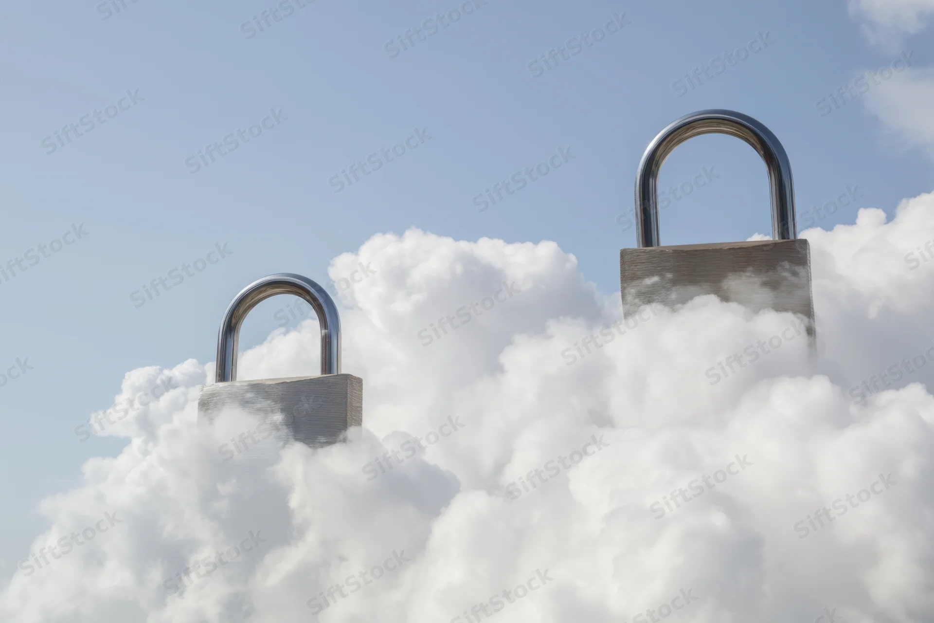 Two large padlocks hovering among fluffy white clouds in a clear blue sky