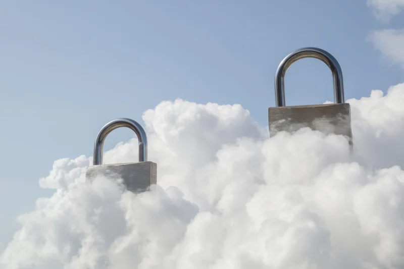 Two large padlocks hovering among fluffy white clouds in a clear blue sky