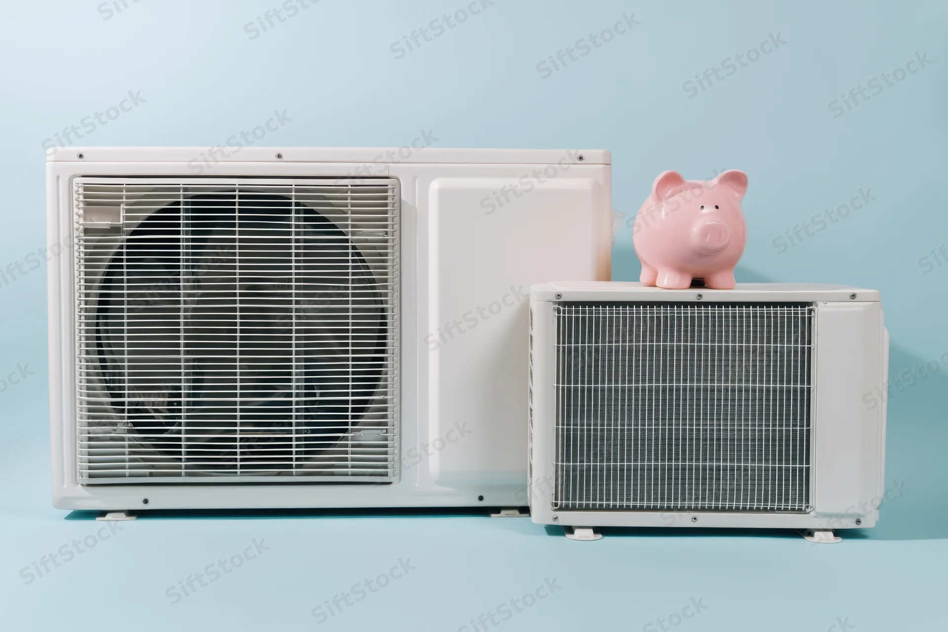 Two white air conditioning outdoor units side by side with a pink piggy bank on top of the smaller one against a light blue background