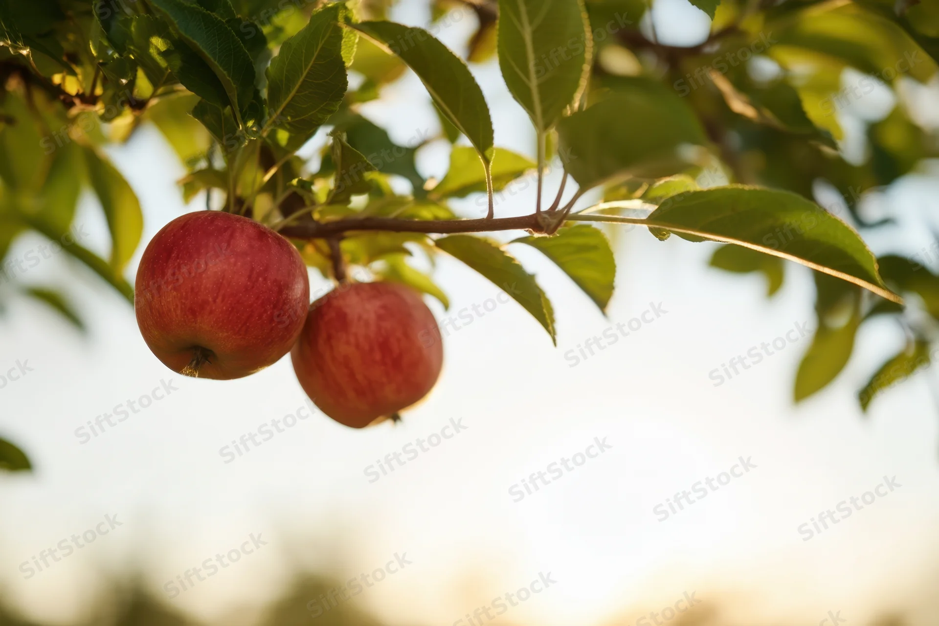 Two ripe red apples hanging on a tree branch surrounded by green leaves in sunlight