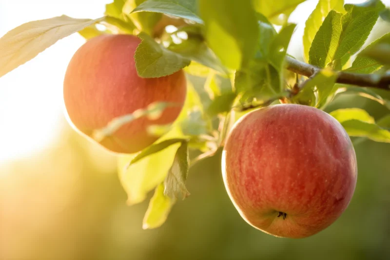 Two ripe red apples hanging on a tree branch surrounded by green leaves in sunlight