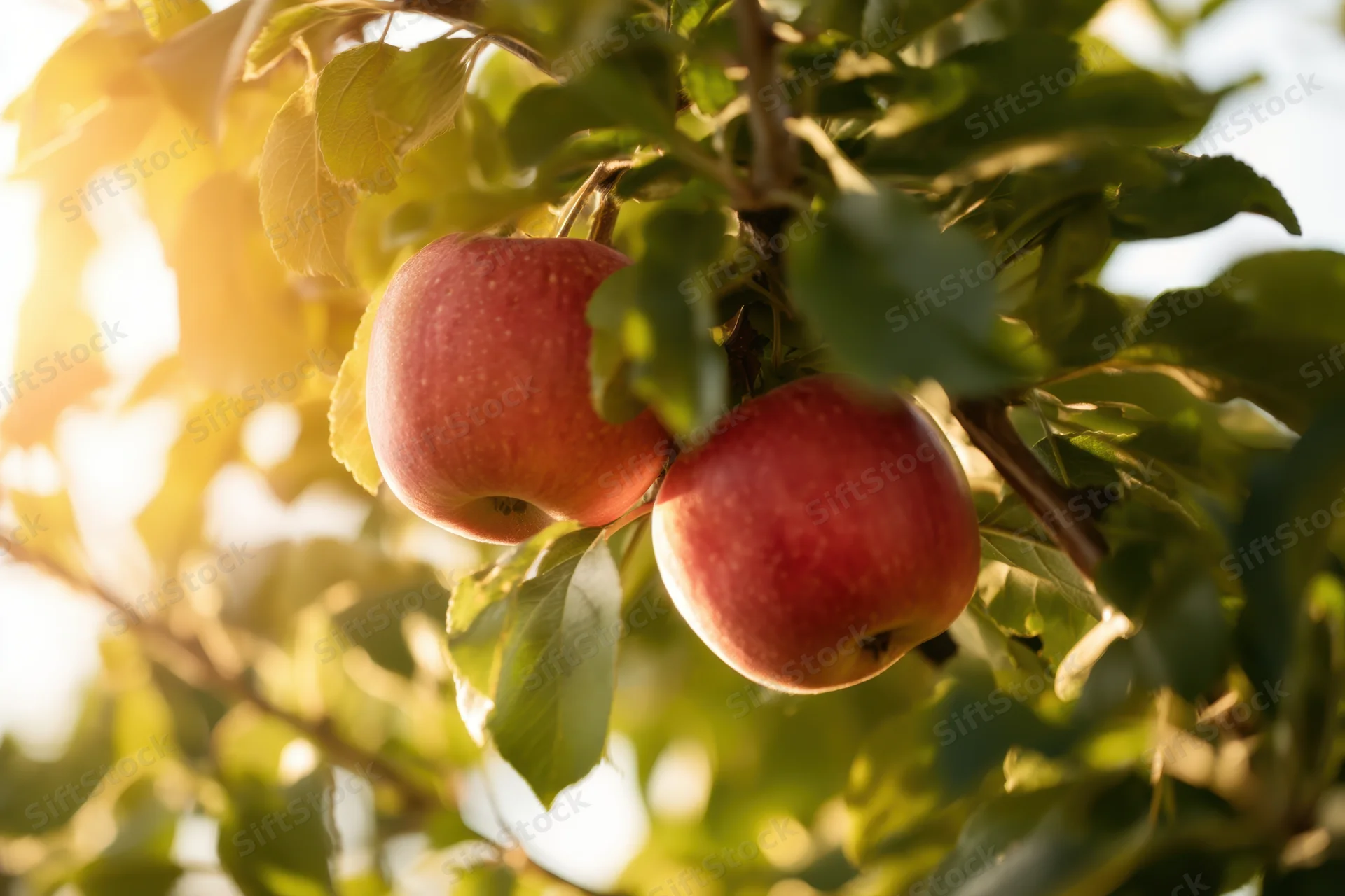 Two ripe red apples hanging on a tree branch surrounded by green leaves in sunlight
