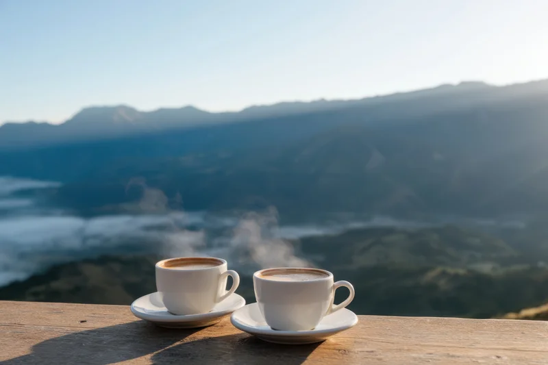 Two steaming white coffee cups on a wooden table overlooking a mountain valley at sunrise