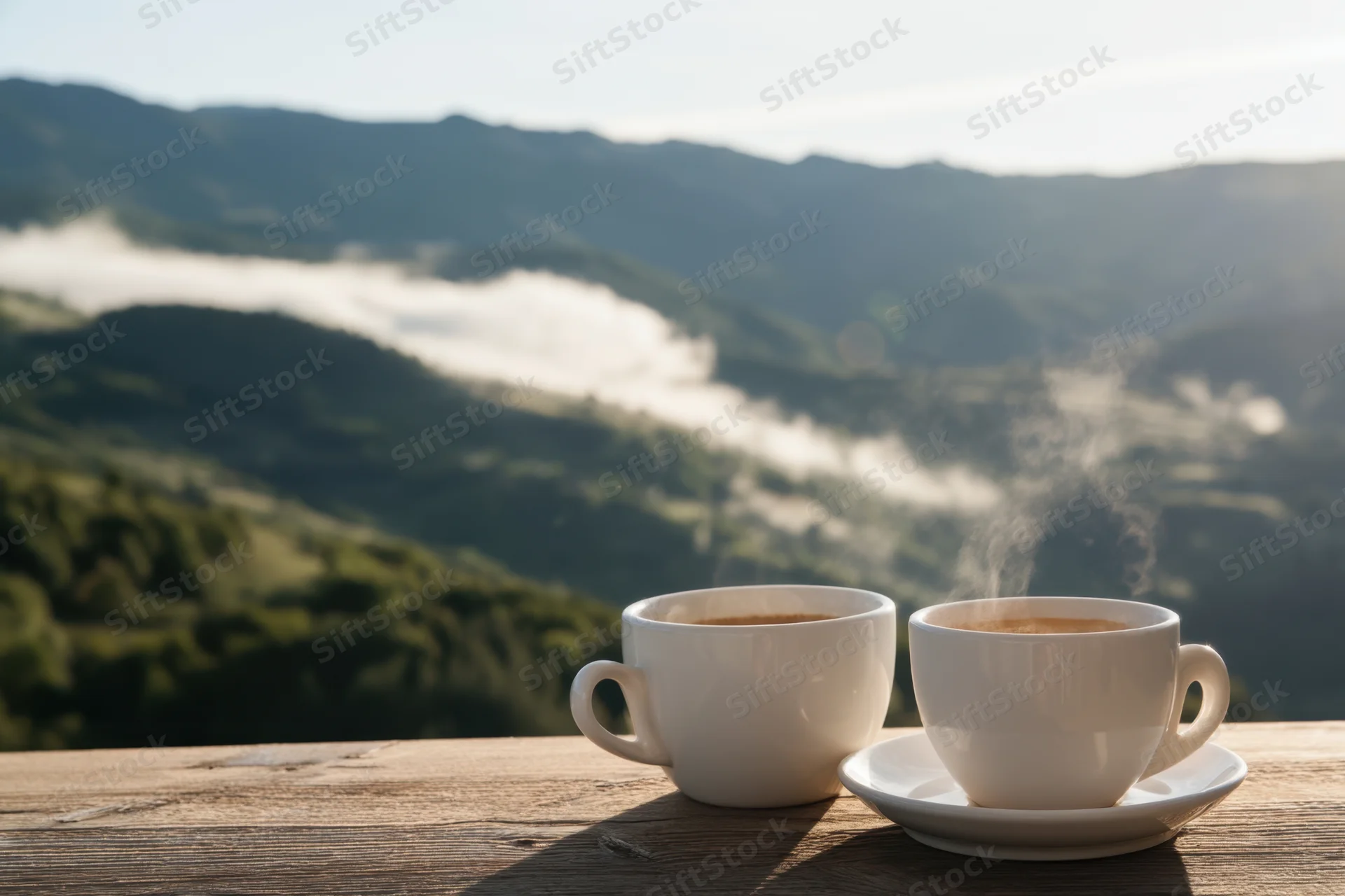 Two steaming white coffee cups on a wooden table overlooking a misty mountain valley at sunrise