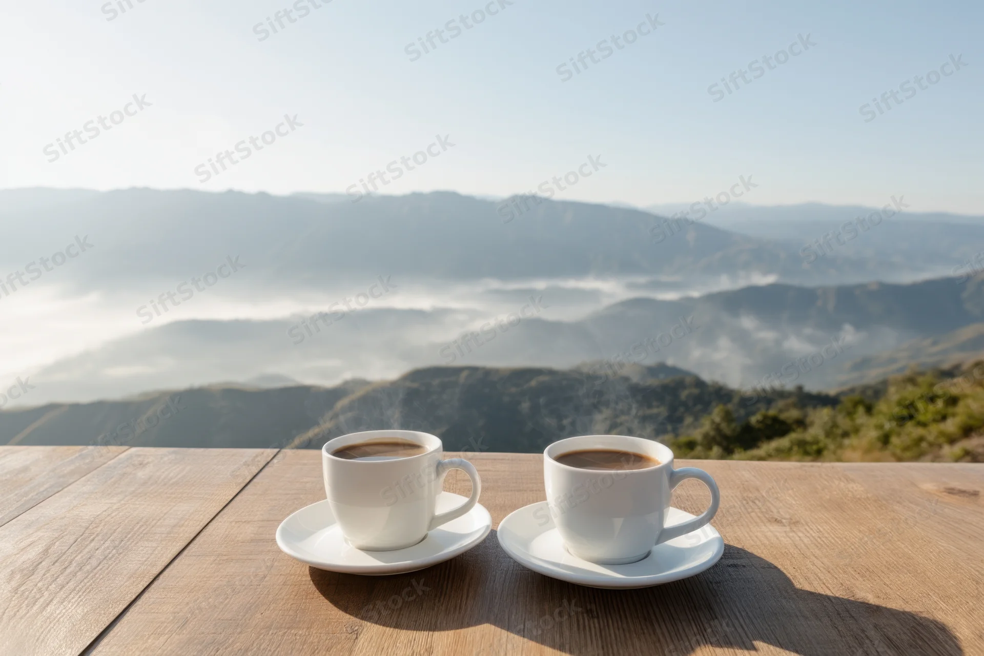 Two steaming white coffee cups on a wooden table overlooking a misty mountain valley at sunrise