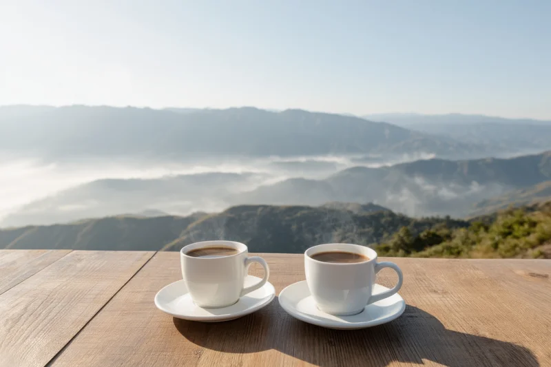 Two steaming white coffee cups on a wooden table overlooking a misty mountain valley at sunrise