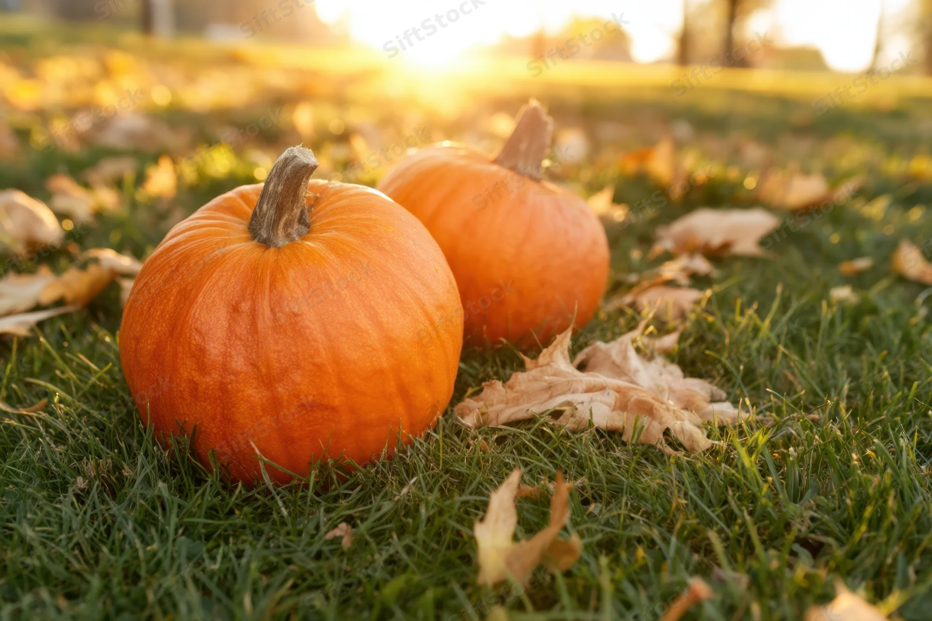 Two pumpkins resting on green grass among fallen leaves during golden hour