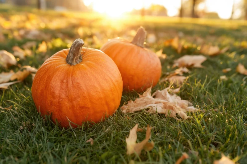 Two pumpkins resting on green grass among fallen leaves during golden hour