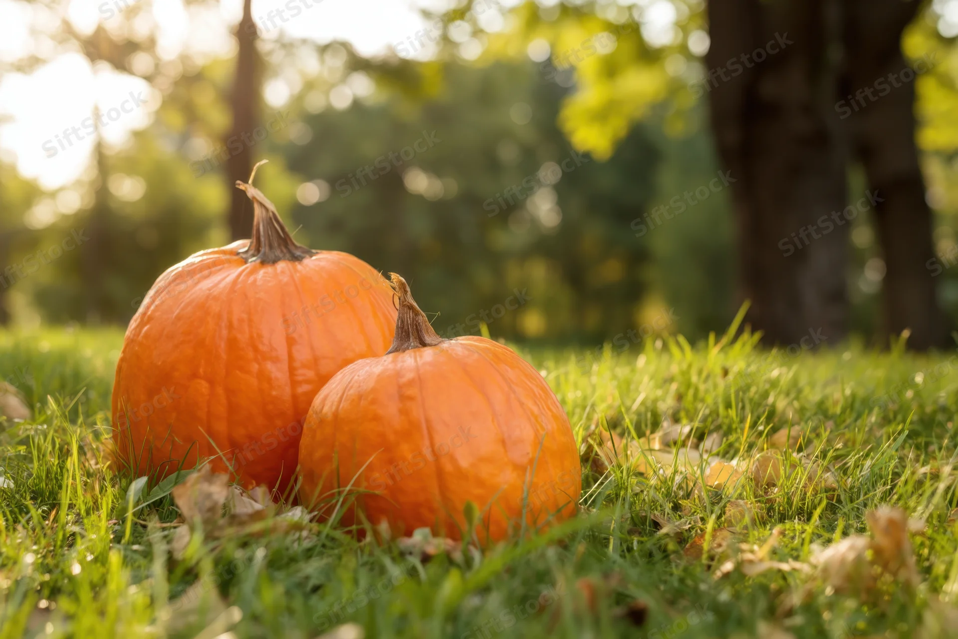 Two orange pumpkins resting on green grass in a sunlit outdoor setting