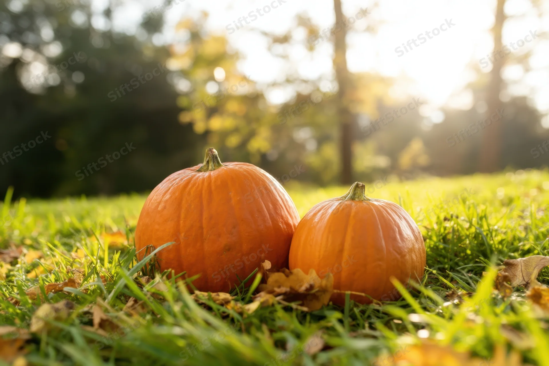 Two orange pumpkins resting on green grass in a sunlit field with scattered autumn leaves