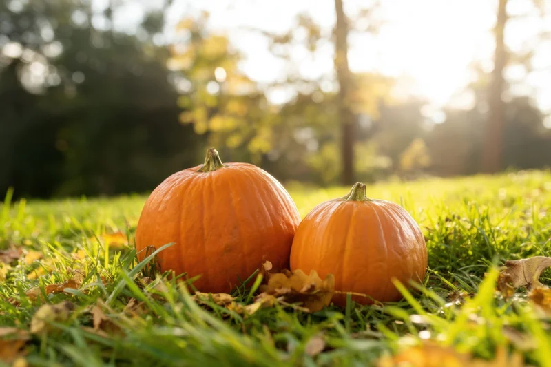 Two orange pumpkins resting on green grass in a sunlit field with scattered autumn leaves