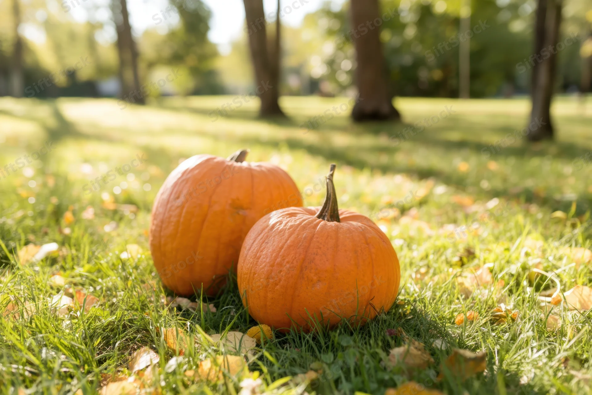 Two pumpkins resting on grass in a park with scattered autumn leaves and trees in the background