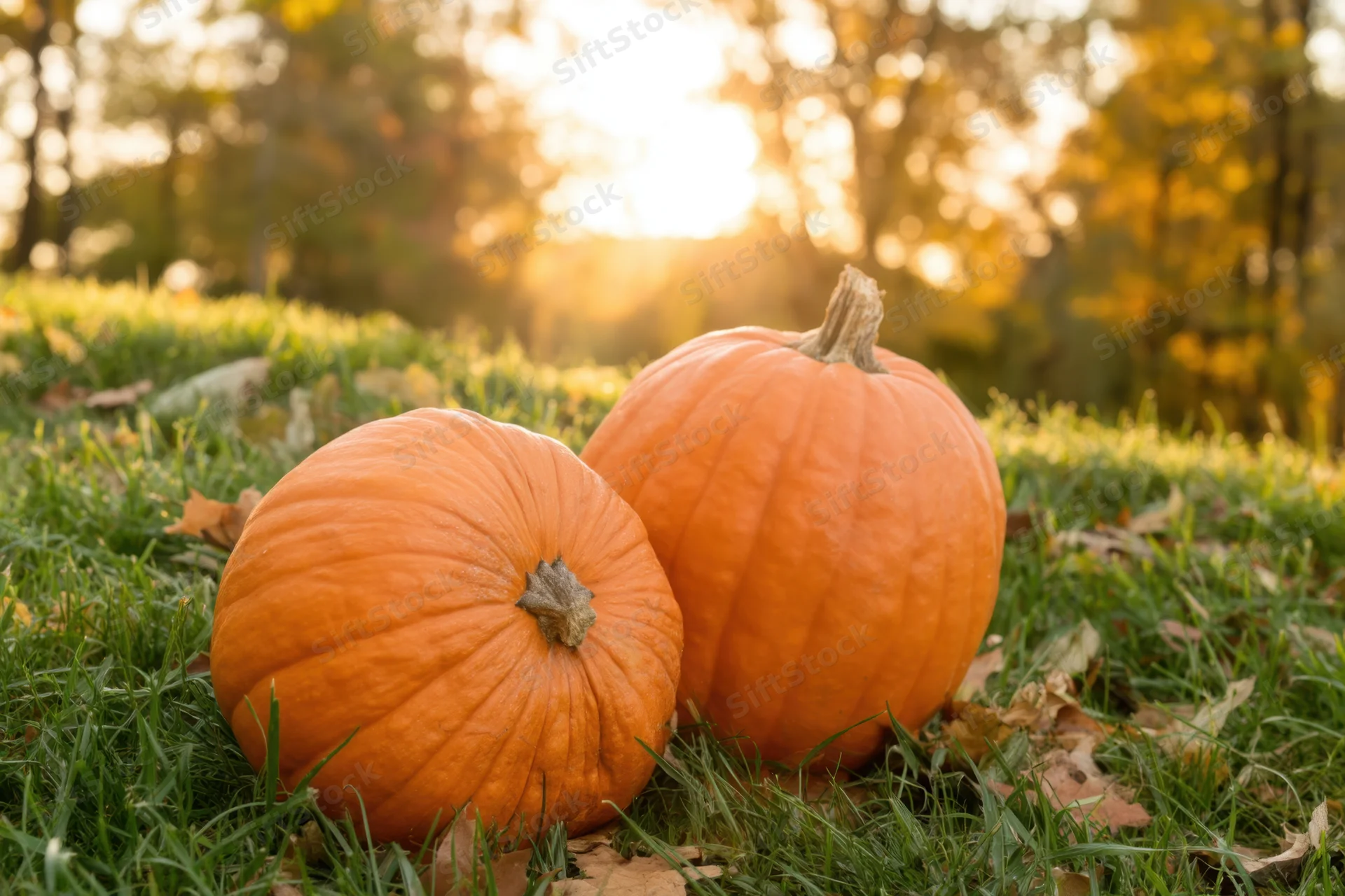 Two pumpkins resting on grass with autumn foliage and sunlight in background