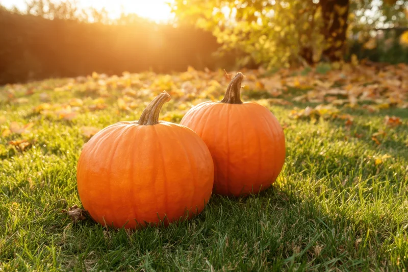 Two pumpkins resting on green grass in autumn sunlight