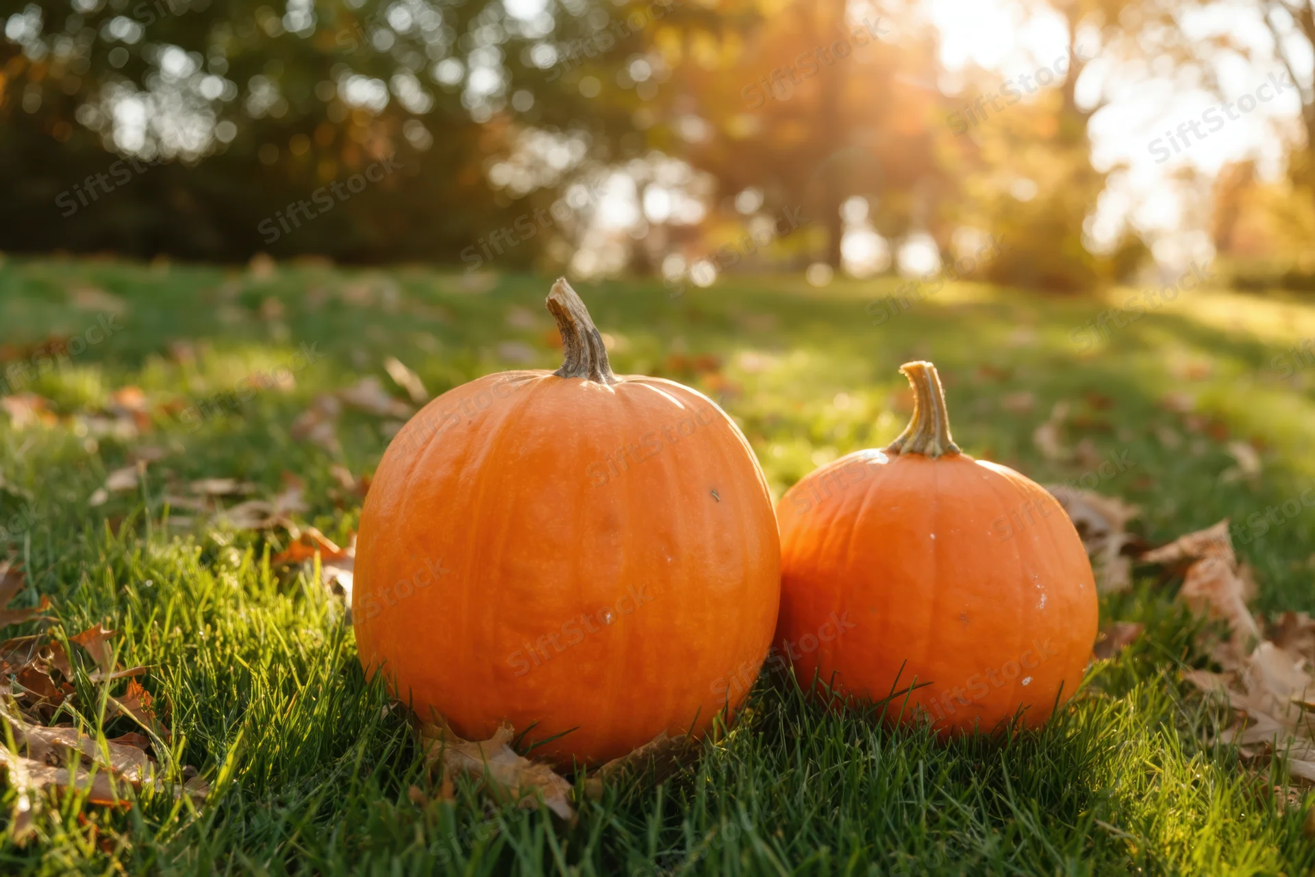 Two pumpkins resting on grass with scattered autumn leaves in a sunlit outdoor setting