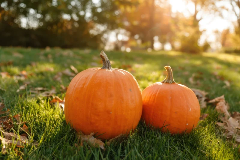 Two pumpkins resting on grass with scattered autumn leaves in a sunlit outdoor setting