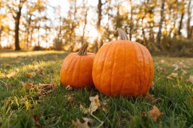 Two pumpkins resting on grass among fallen leaves in a sunlit autumn field