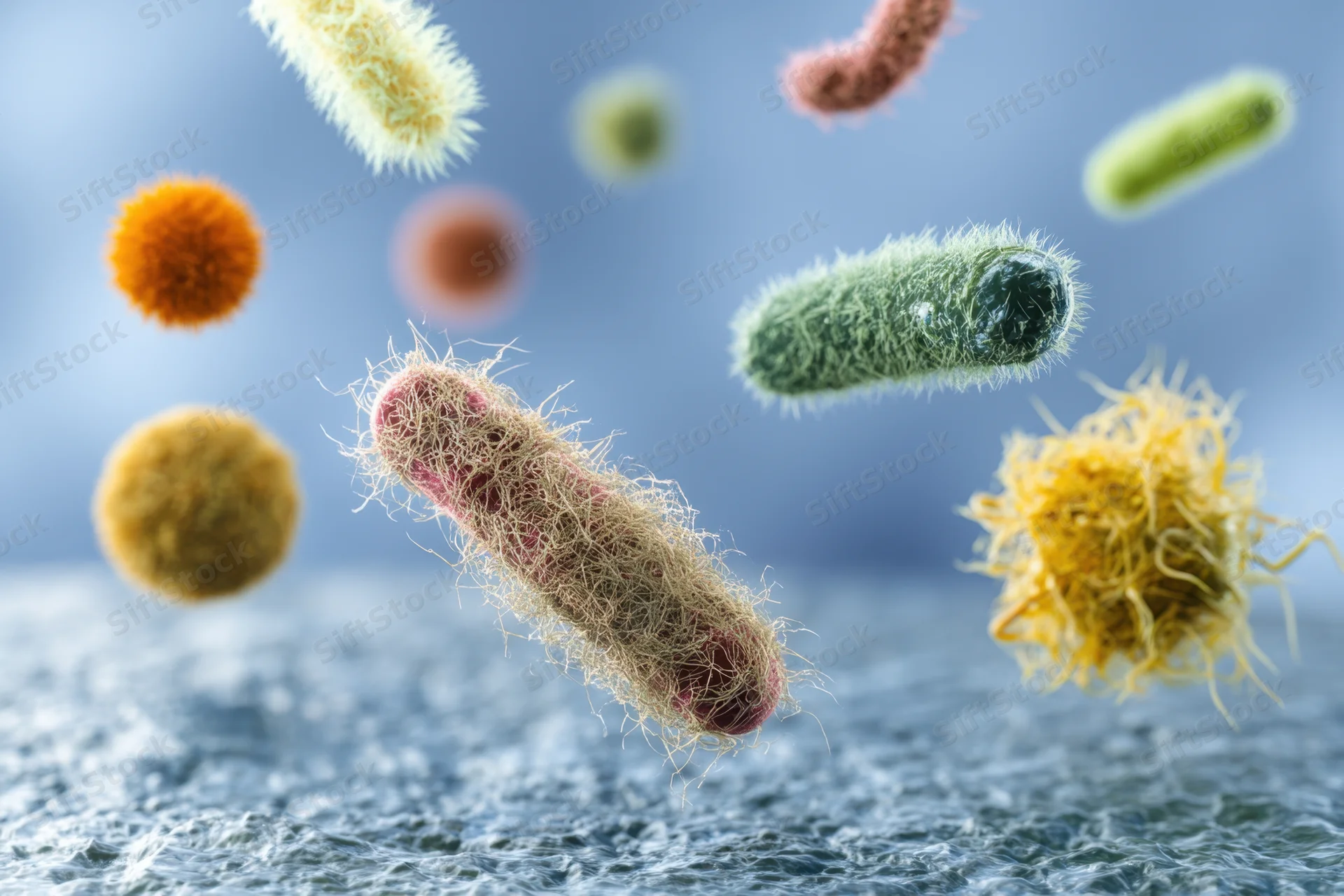 Various microorganisms floating above a textured surface