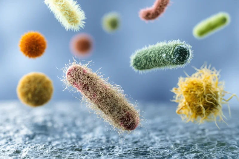 Various microorganisms floating above a textured surface