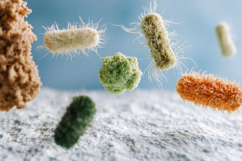 Various microorganisms floating above a textured surface