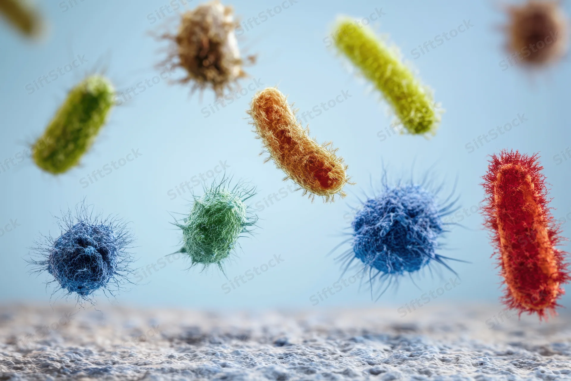 Various microorganisms floating above a textured surface