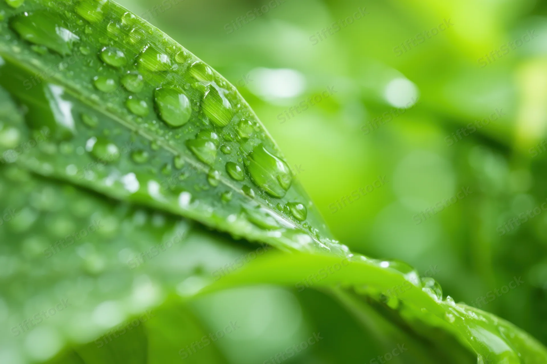 Closeup of a green leaf glistening with water droplets in a natural outdoor setting