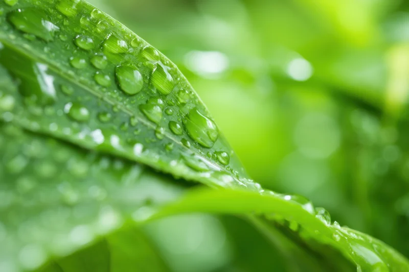 Closeup of a green leaf glistening with water droplets in a natural outdoor setting