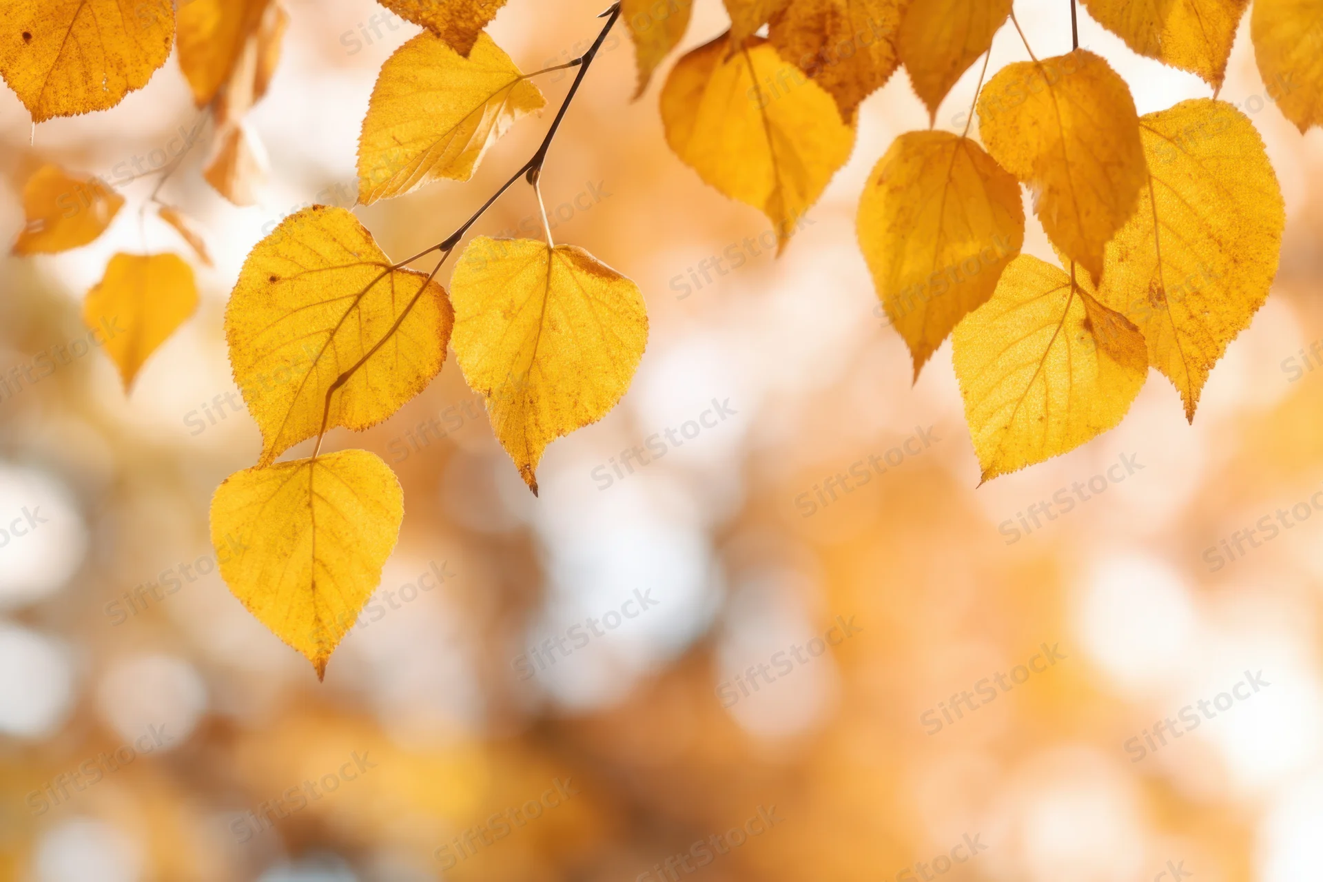 Vibrant yellow autumn leaves hanging from branches against a soft blurred background