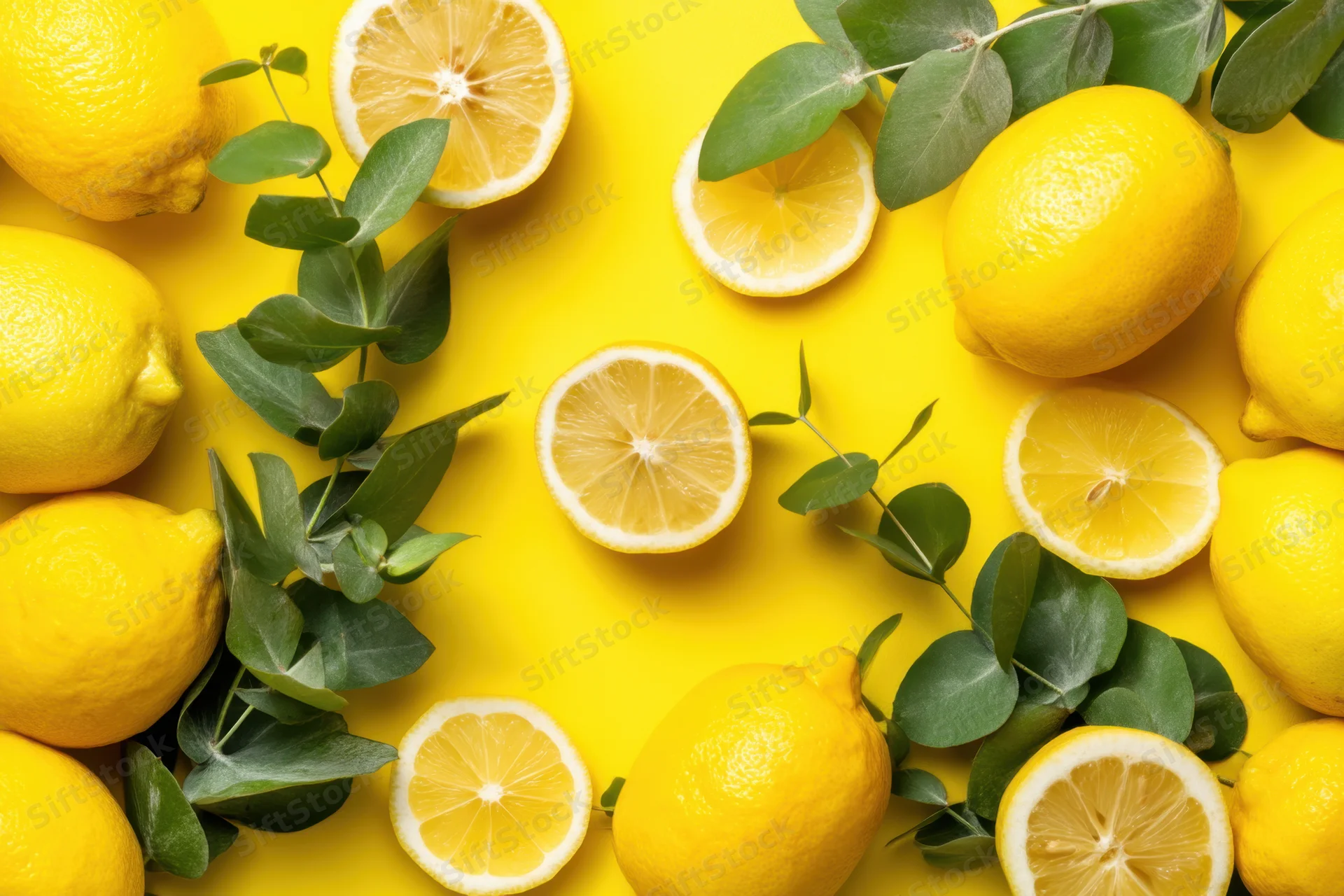 Whole and sliced lemons arranged with eucalyptus leaves on a yellow background