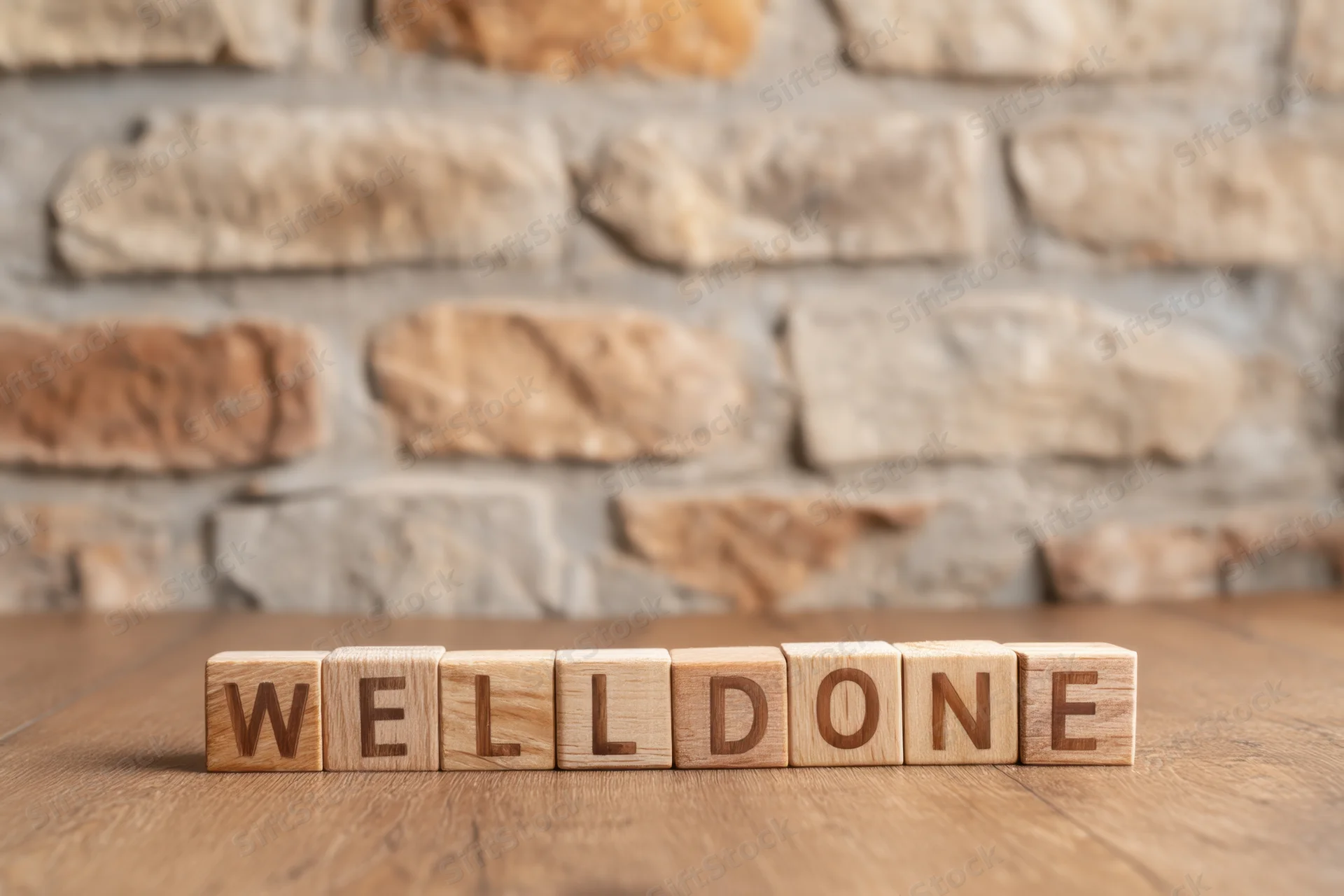 Wooden blocks spelling well done arranged on a rustic wooden table with stone wall background