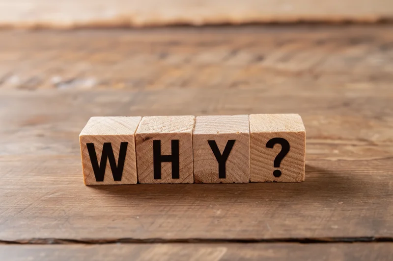 Wooden blocks arranged to spell why with a question mark on a rustic wooden surface