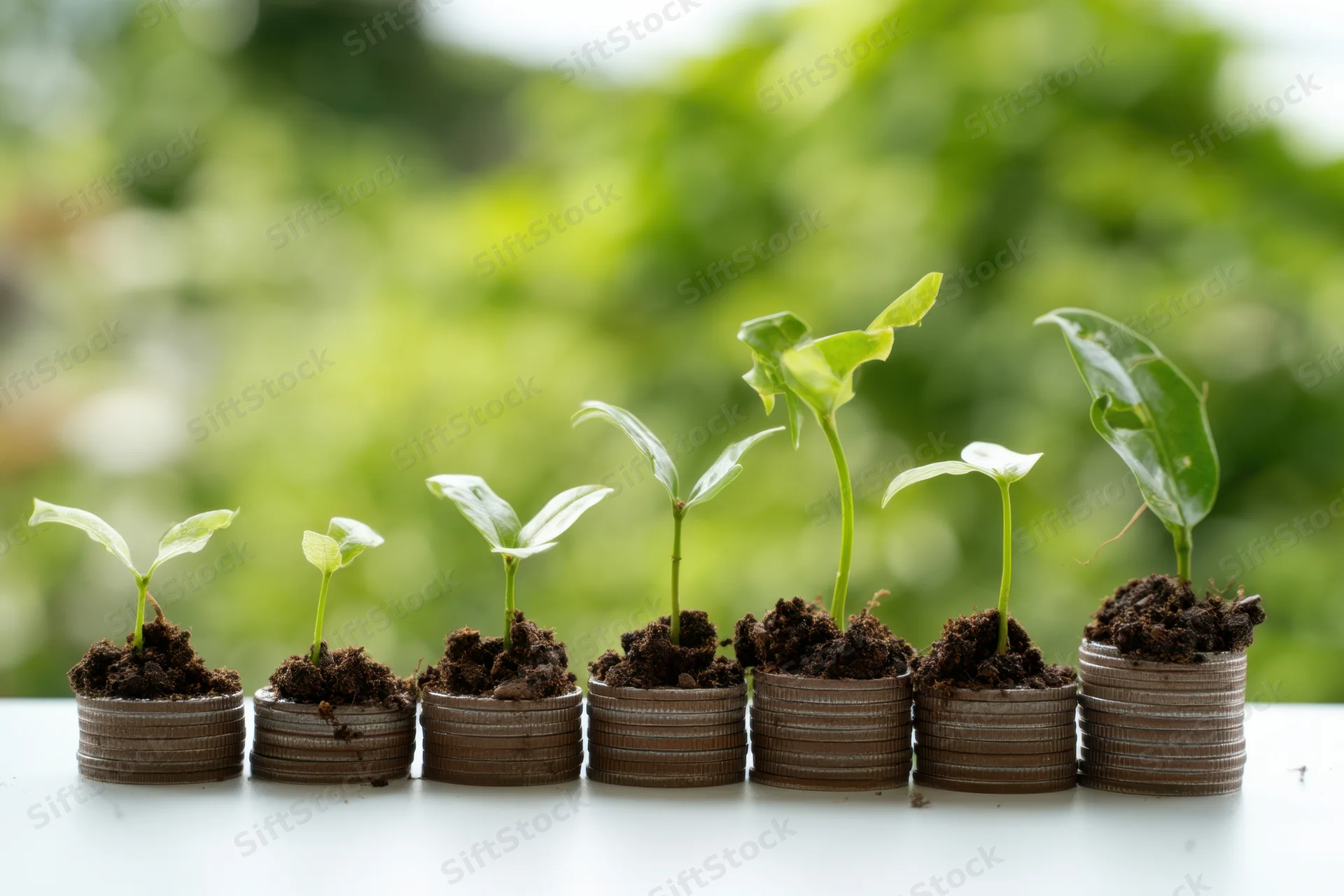Green seedlings growing from stacks of coins arranged in a row on a white surface