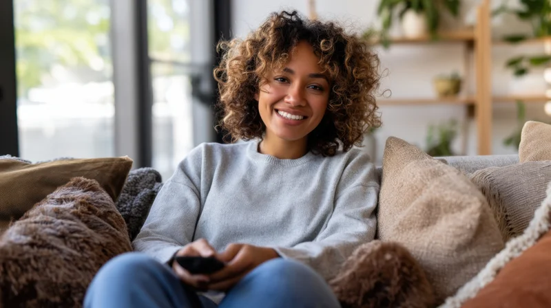 Young woman smiling while sitting comfortably on a couch holding a remote in a cozy living room