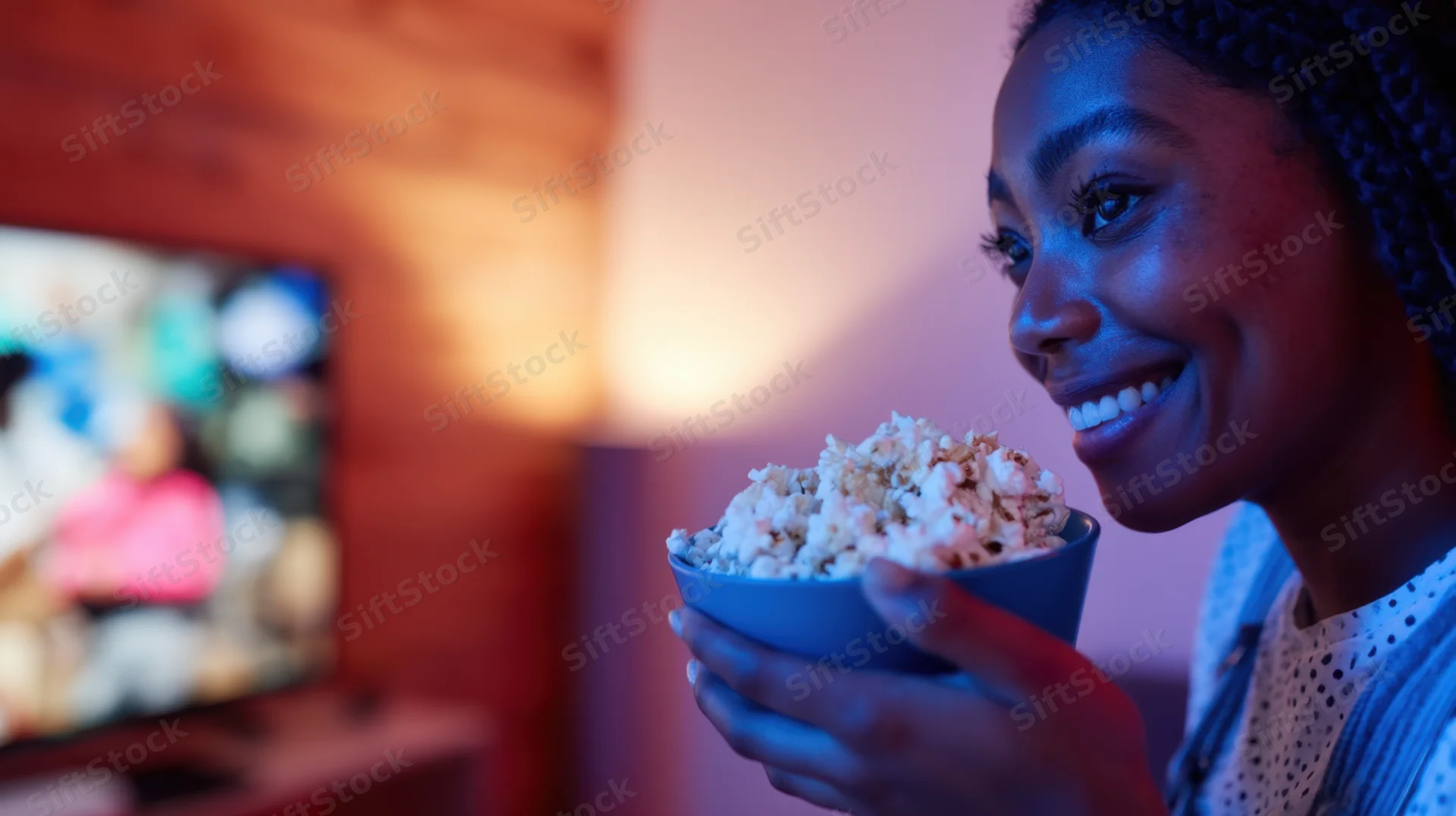 Young black woman smiling while eating popcorn in front of television at home