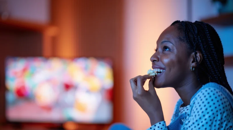 Young black woman smiling while eating popcorn in front of television at home