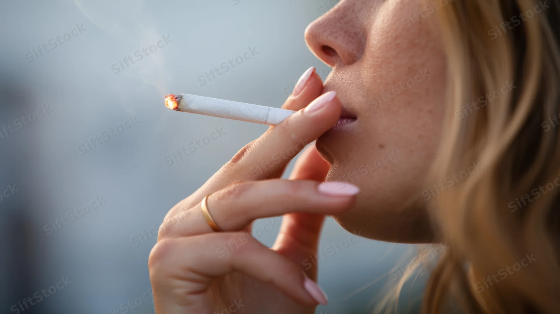 Close-up side profile of a woman smoking a cigarette with hand holding it near her lips