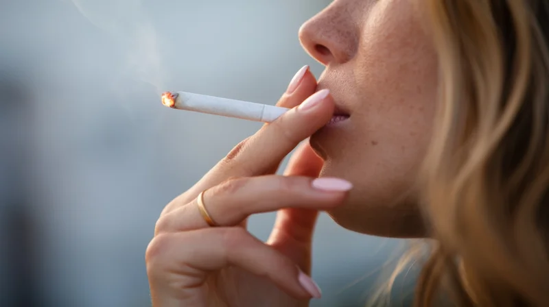 Close-up side profile of a woman smoking a cigarette with hand holding it near her lips