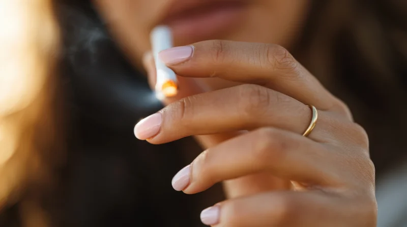 Close-up of a woman's hand holding a lit cigarette with a gold ring and pink nail polish, smoke rising from the glowing ember