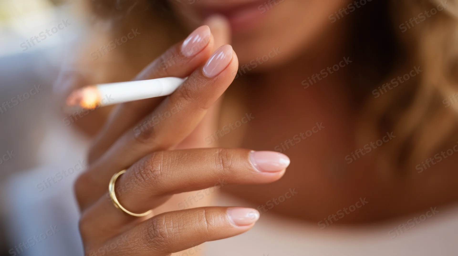 Woman holding a lit cigarette with a gold ring on her finger in close-up view