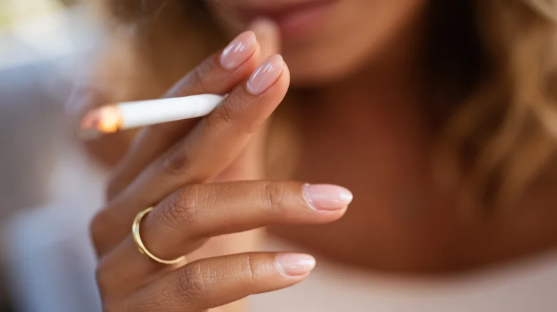 Woman holding a lit cigarette with a gold ring on her finger in close-up view