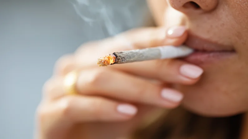 Close-up of a woman smoking a cigarette with glowing ember and smoke rising from her lips